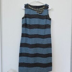 PIAZZA SEMPIONE Sleeveless Shift Dress Blue Black Textured Stripe Beaded Italy 8
